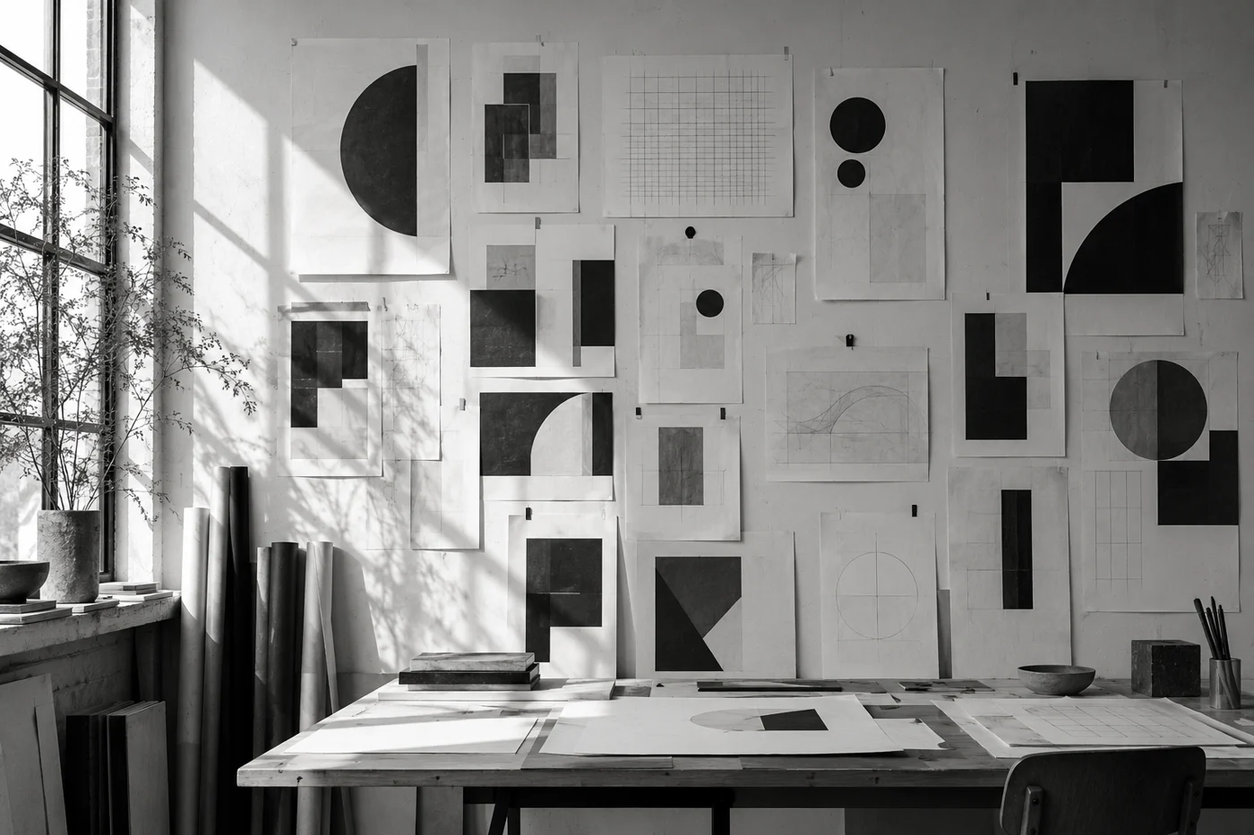 Composition studies arranged on a design studio wall