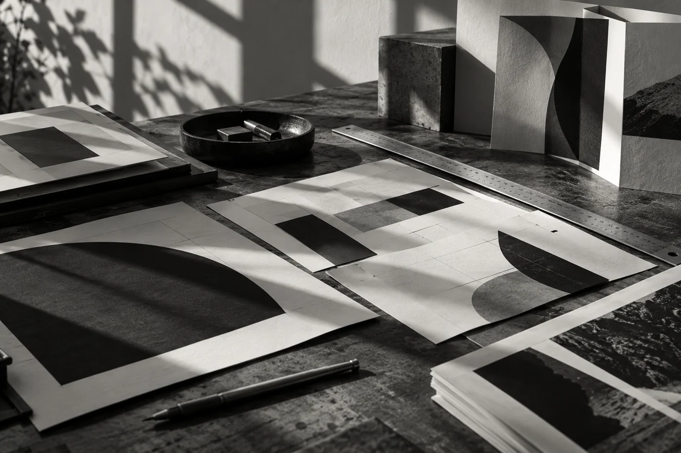A studio table with paper composition studies and a ruler